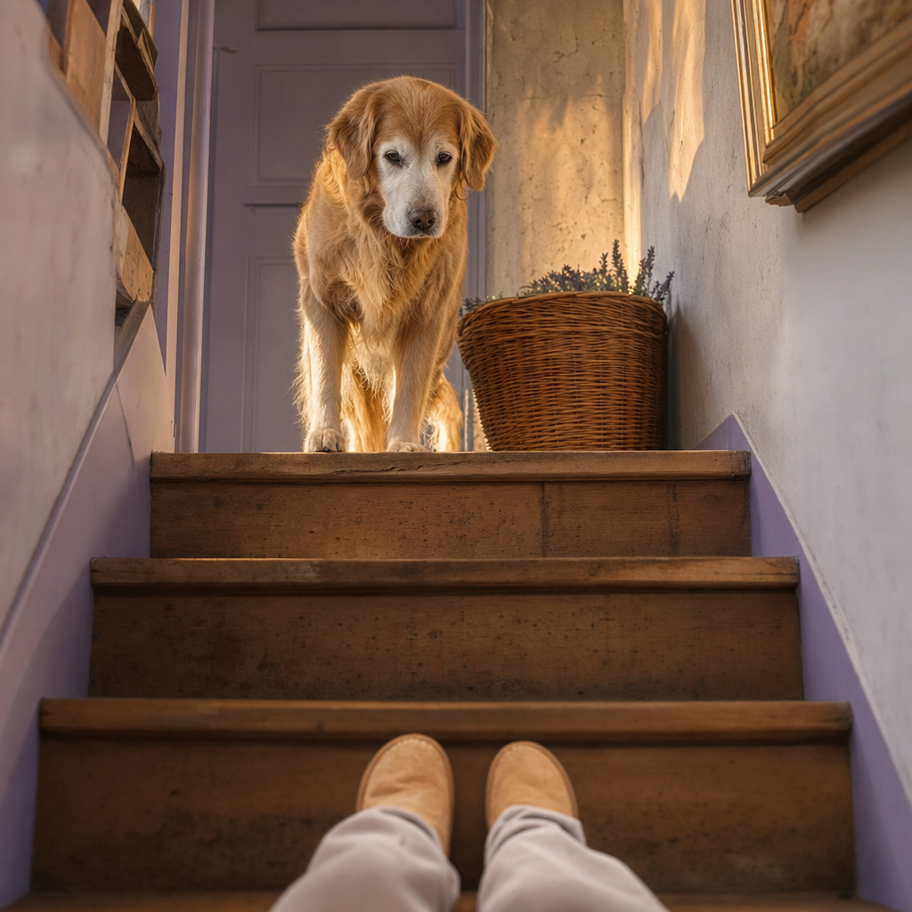 Il hésite avant de monter l'escalier ou de sauter